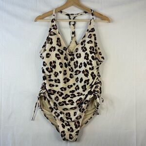 Kona Sol One Piece Swimsuit Size L Beige Brown Animal Print Adjustable Tie Sides